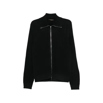 Zanone Ribbed Knit Virgin Wool Cardigan In Black