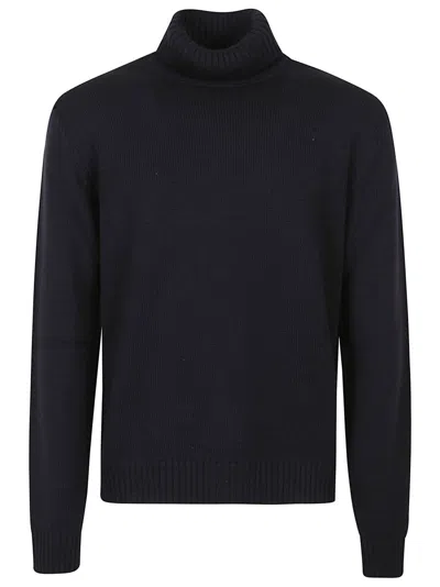 Zanone Ribbed Wool Turtleneck Sweater With High Collar In Blue