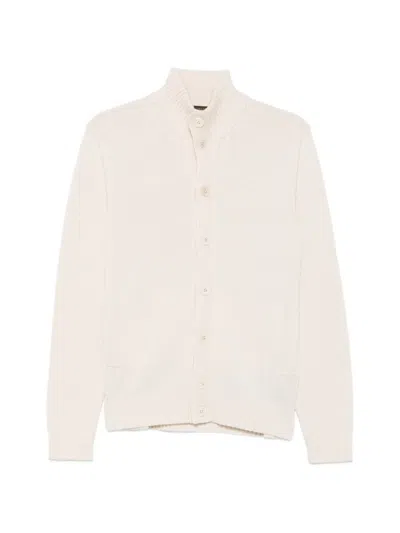 Zanone Ribbed-knit High-neck Wool Cardigan In Neutral