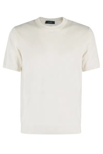 Zanone Short-sleeve Cotton Sweater With Ribbed Trims In White