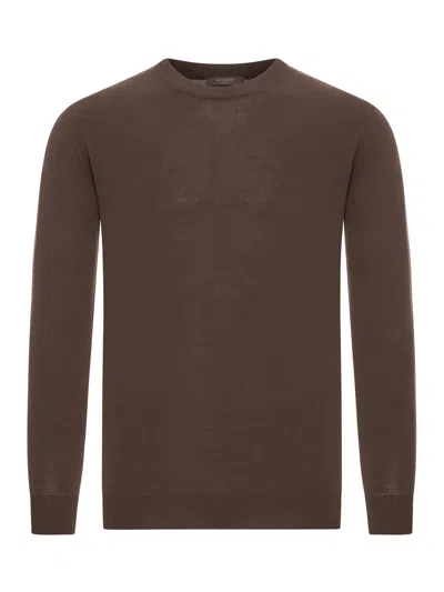 Zanone Slim Fit Crew Neck Sweater In Cotton Crepe In Brown