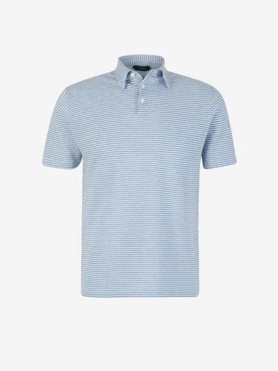 Zanone Striped Cotton Linen Polo Shirt In Blue