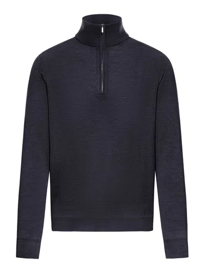Zanone Sweater In Wool With Zip In Blue