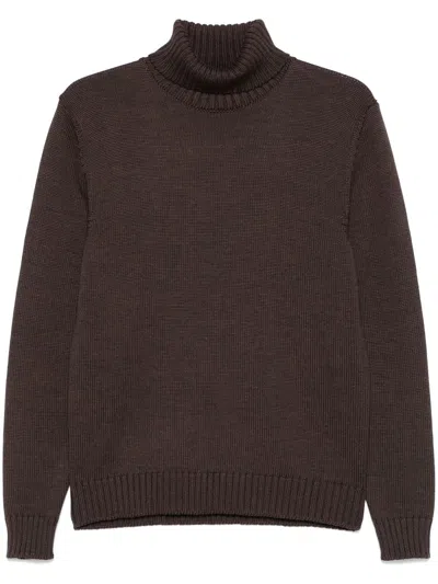 Zanone High-neck Brown Wool Sweater With Ribbed Detailing