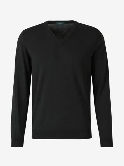 Zanone V Neck Cashmere Sweater In Black