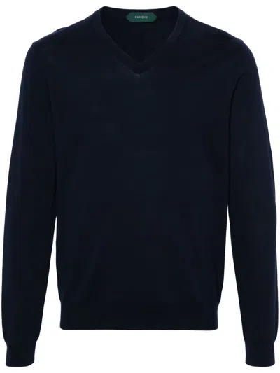 Zanone V-neck Cotton Jumper In Blue