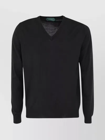Zanone V-neck Ribbed Pullover Long Sleeves In Black