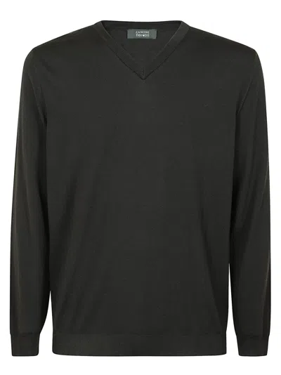Zanone Minimalist V-neck Wool Sweater With Relaxed Fit In Black