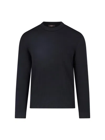 Zanone Black Ribbed Detail Crewneck Wool Sweater