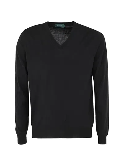 Zanone V-neck Ribbed Pullover Long Sleeves In Black