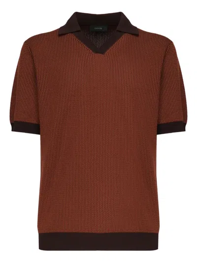 Zanone Waffle-knit Polo Shirt In Brown