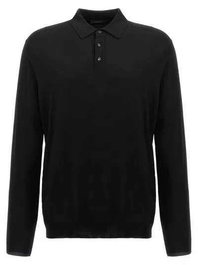Zanone Blue Wool Knit Polo Shirt With Classic Collar And Cuffed Sleeves In Black