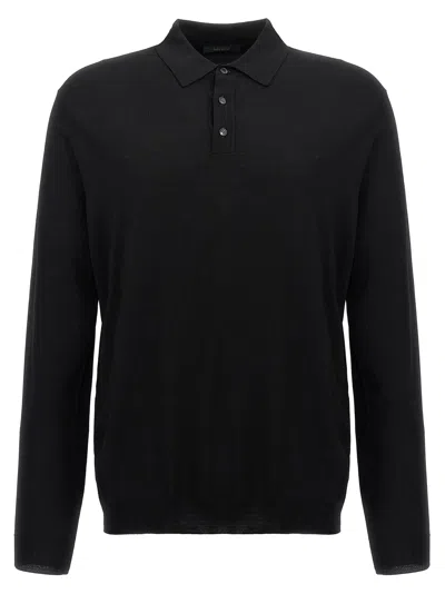 Zanone Wool Knit Polo Shirt With Cuffed Sleeves And Subtle Ribbing In Black