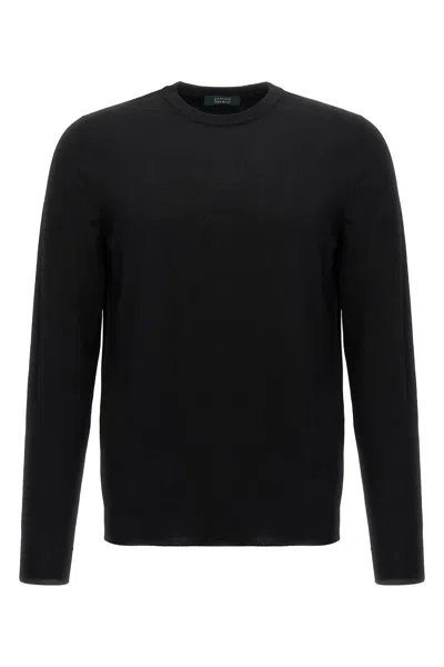 Zanone Crew Neck Wool Sweater With Ribbed Finish In Black