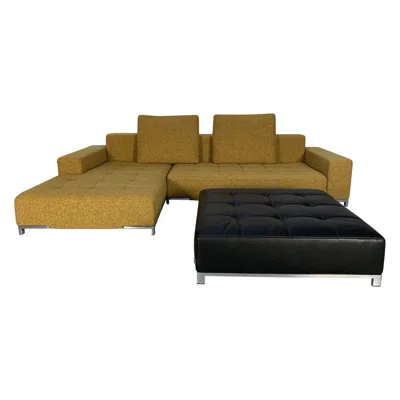 Pre-owned Zanotta “alfa 1326” L- Shape Sofa & Ottoman In Yellow Linen & Black Leather