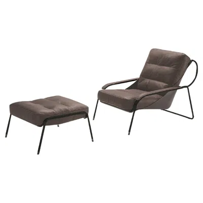 Pre-owned Zanotta Maggiolina Lounge Chair With Pouf In Brown Leather & Black Steel Frame
