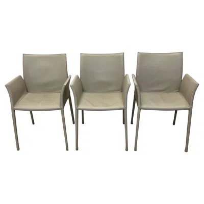 Pre-owned Zanotta Roberto Barbieri Lea Leather Dining Arm Chairs For , Set Of Three In Gray