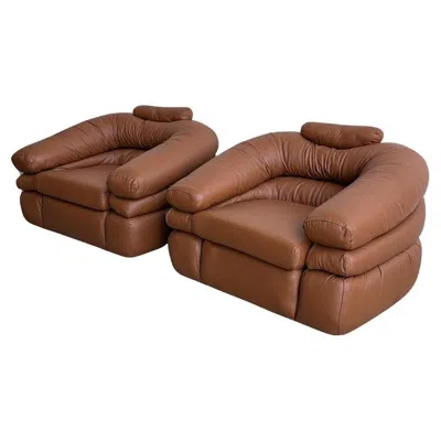 Pre-owned Zanotta Straccio By De Pass, D'urbino, Lomazzi For  Two Leather Armchairs In Brown