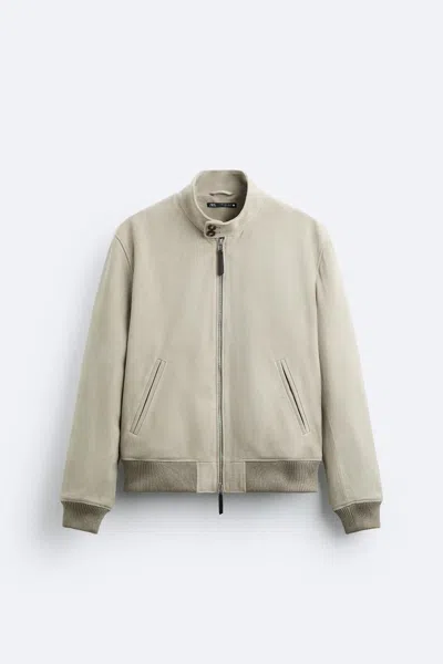 Pre-owned Zara 100% Suede Leather Jacket 2521/350 Grey S Bomber Coat Casual Jeans Warm In Gray