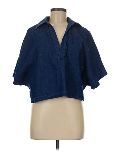 Zara 3/4 Sleeve Button Down Shirt In Blue