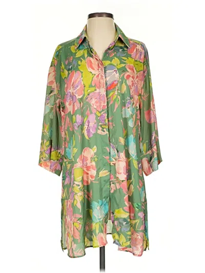 Pre-owned Zara 3/4 Sleeve Button Down Shirt In Green