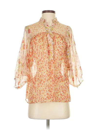 Pre-owned Zara 3/4 Sleeve Silk Top Orange Tie Neck Tops