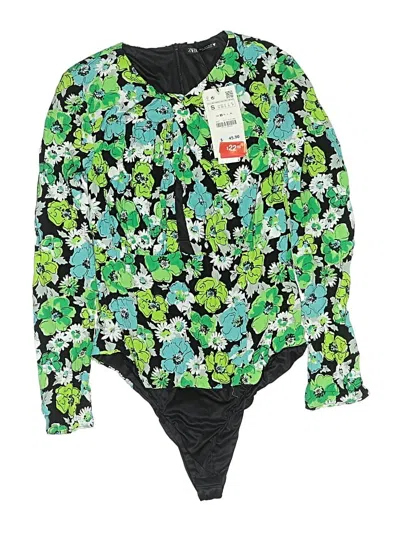 Zara 3/4 Sleeve Top Green Collared Neckline Tops