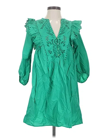 Pre-owned Zara 3/4 Sleeve Top Green Ruffles Neckline Tops