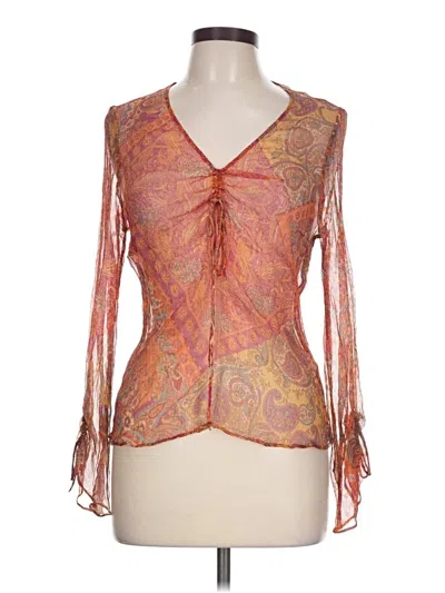 Pre-owned Zara Basic 3/4 Sleeve Silk Top Orange Plunge Neckline Tops