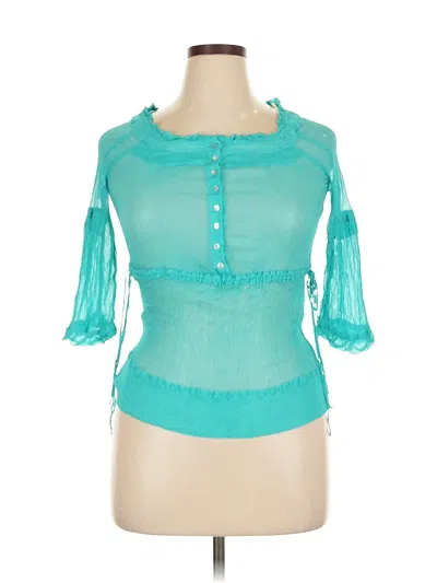 Pre-owned Zara Basic 3/4 Sleeve Silk Top Teal Sweetheart Neckline Tops In Blue