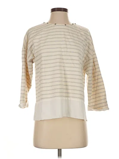 Pre-owned Zara Basic 3/4 Sleeve Top Ivory Stripes Pattern Boatneck Tops