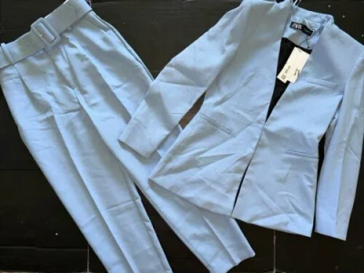 Pre-owned Zara Business Suit Set Lapelless Blazer+pants S,m,l Baby Powder Blue