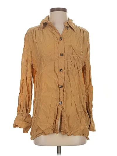 Pre-owned Zara Long Sleeve Silk Top Tan Collared Neckline Tops