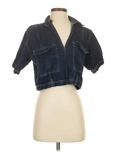 Pre-owned Zara Short Sleeve Top Blue Plunge Neckline Tops