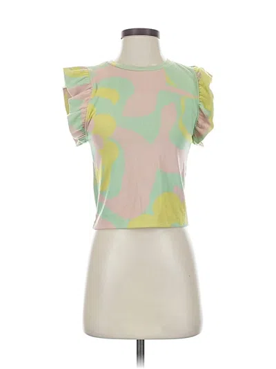 Pre-owned Zara Short Sleeve Top Green Ruffles Neckline Tops