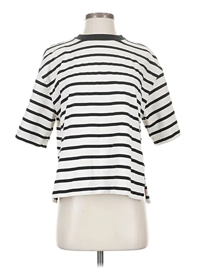 Pre-owned Zara Short Sleeve Top Ivory Stripes Pattern Mock Neckline Tops In White