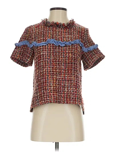 Pre-owned Zara Short Sleeve Top Red Tweed Pattern Mock Neckline Tops