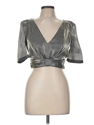 Pre-owned Zara Short Sleeve Top Silver Metallic Pattern Plunge Neckline Tops
