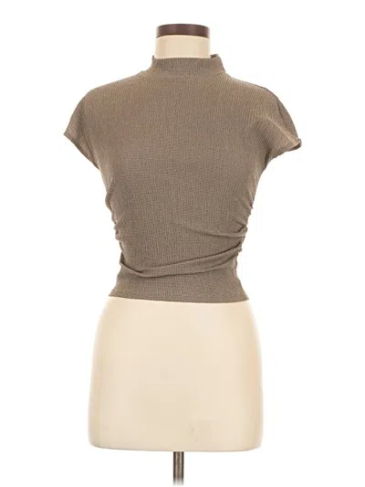 Pre-owned Zara Short Sleeve Top Tan Cowl Neck Tops In Brown