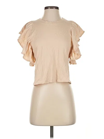 Pre-owned Zara Short Sleeve Top Tan Ruffles Neckline Tops In Brown