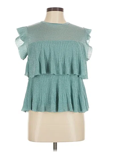 Pre-owned Zara Short Sleeve Top Teal Ruffles Neckline Tops In Blue