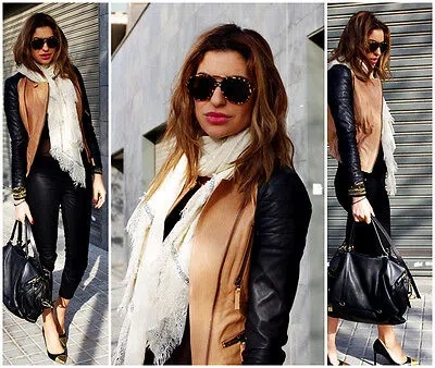 Pre-owned Zara Size M -  Leather Biker Jacket With Zips Two Tone Black Camel Beige Coat In Black/ Camel/ Beige