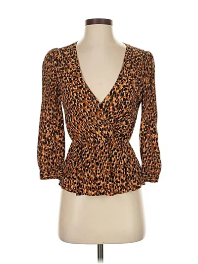 Pre-owned Zara Trf 3/4 Sleeve Top Brown Plunge Neckline Tops