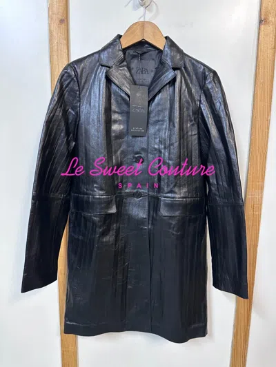 Pre-owned Zara Woman Fw24 Leather Coat With Crinkle Effect Zw Collection Black 3436/240