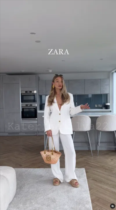 Pre-owned Zara Woman Ss24 Ecru Zw Collection Linen Blazer Ref:3099/586 In White