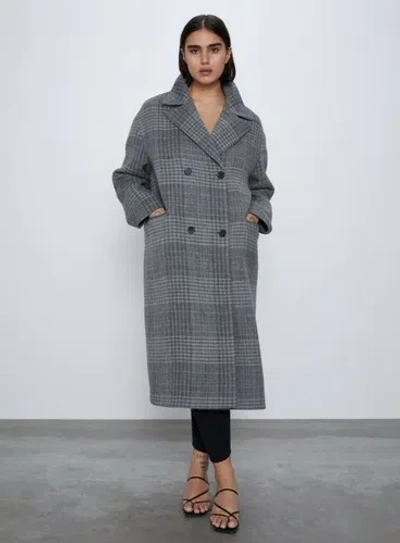 Pre-owned Zara Women's Large Gray Plaid Wool Coat