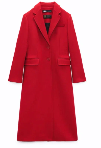Pre-owned Zara Women Manteco Wool Blend Fitted Wool Blend Long Coat Red 8641/744