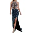 Zasa Chic Beaded Cut Out Halter Gown In Black/turquoise In Multi