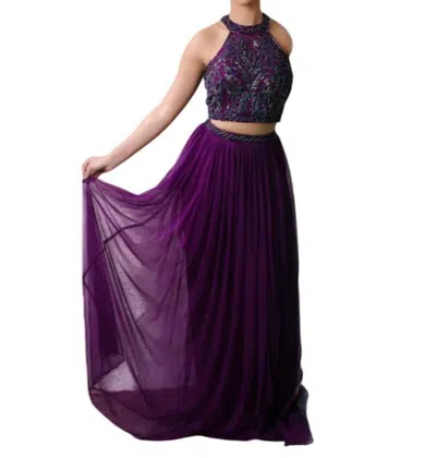 Zasa Chic Embellished Crop Top Two Piece Gown In Plum In Pink