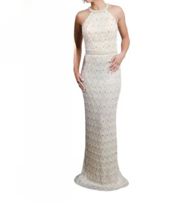 Zasa Chic Embroidered Halter Maxi Gown In Nude In Brown